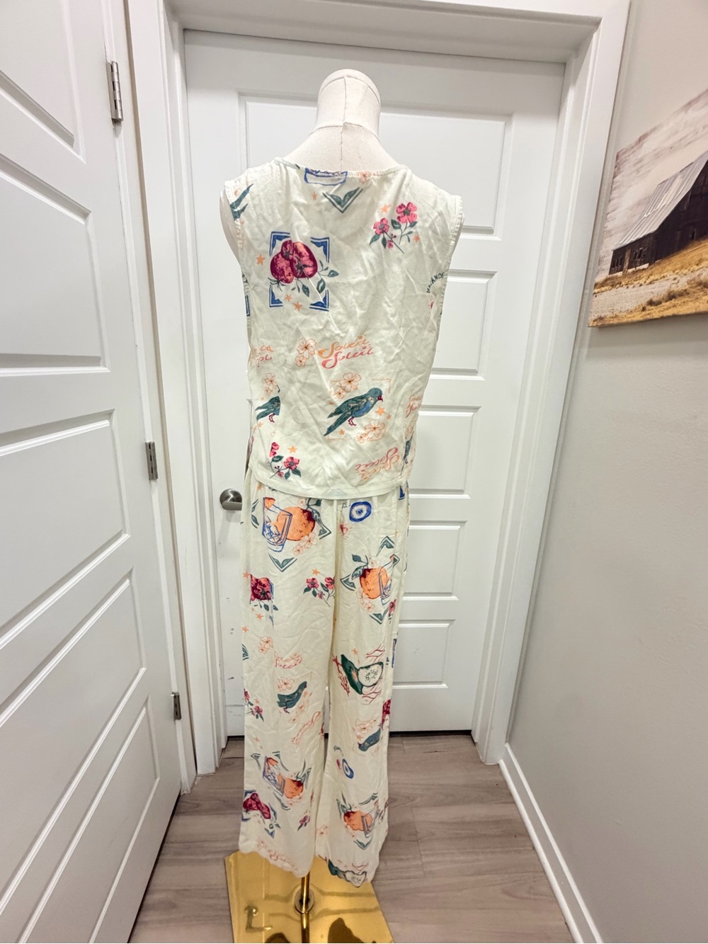 Cali 1850 Floral Print White Wide-Leg Lounge Set with Tie-Front Top Linen Blend - Picture 9 of 11